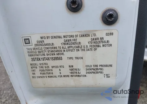 1999 GMC Sierra 1500 Sle z USA, uszkodzony, nr VIN 2GTEK19T4X1528593